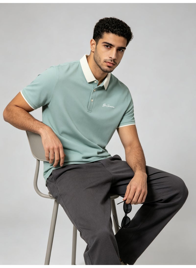 بين شيرمان Ben Sherman Men’s Sage Green Contrast White Collar Embroidered Short Sleeve Polo Shirt - Image 3