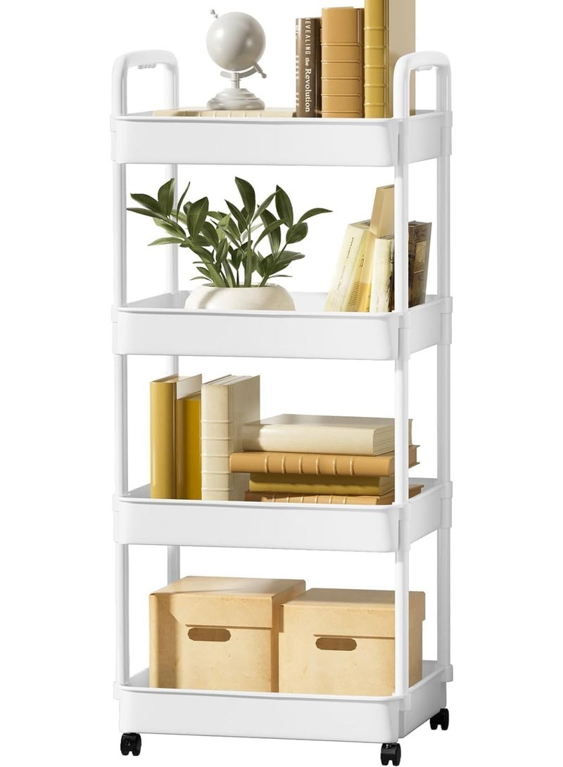 معرض الأعياد عربة تخزين بلاستيكية مكونة من 4 طبقات، رف حمام، عربة دوارة للفوضى، رف تخزين معزز بعجلات للمكتب وغرفة المعيشة والمطبخ والحمام، رفوف تخزين باللون الأبيض - Image 1