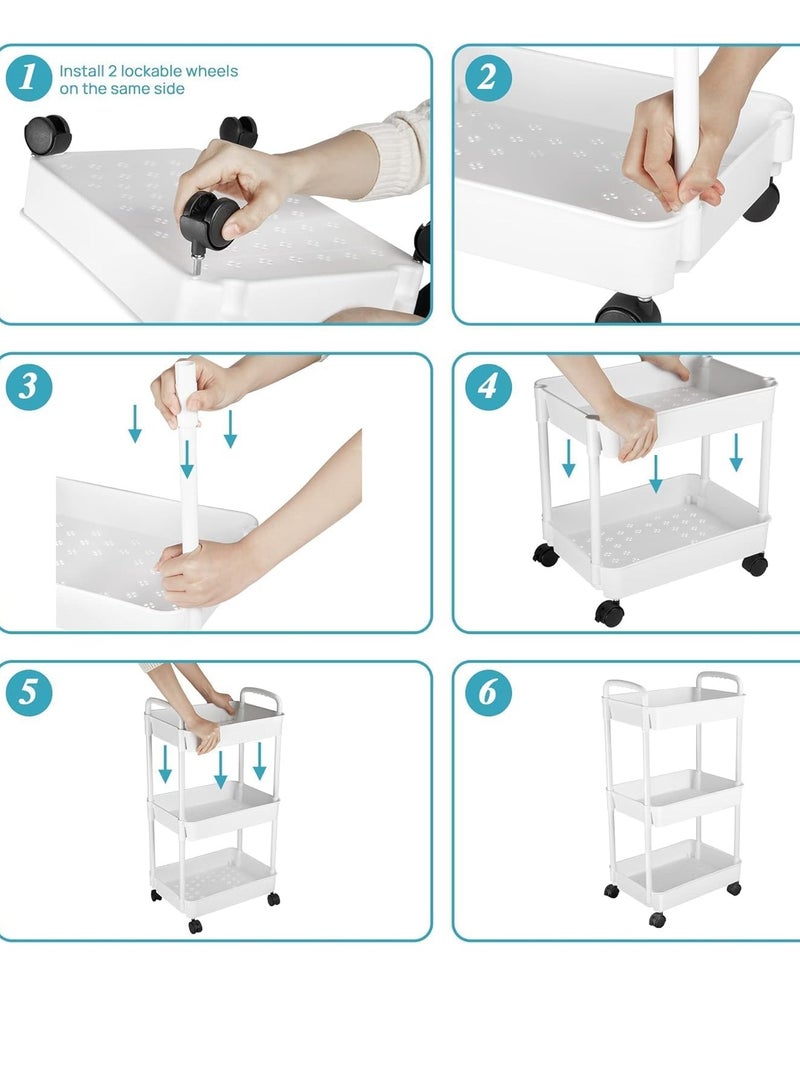 معرض الأعياد عربة تخزين بلاستيكية مكونة من 4 طبقات، رف حمام، عربة دوارة للفوضى، رف تخزين معزز بعجلات للمكتب وغرفة المعيشة والمطبخ والحمام، رفوف تخزين باللون الأبيض - Image 2