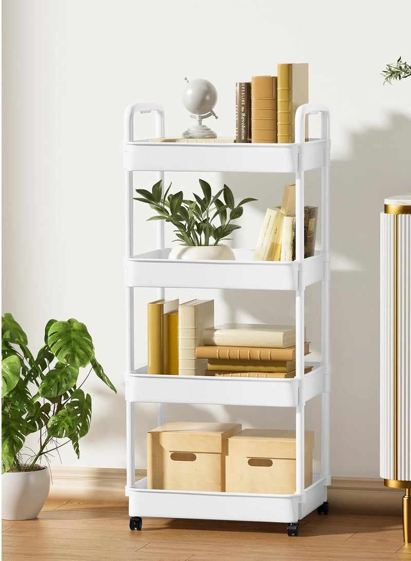 معرض الأعياد عربة تخزين بلاستيكية مكونة من 4 طبقات، رف حمام، عربة دوارة للفوضى، رف تخزين معزز بعجلات للمكتب وغرفة المعيشة والمطبخ والحمام، رفوف تخزين باللون الأبيض - Image 3
