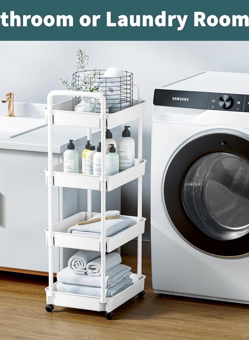 معرض الأعياد عربة تخزين بلاستيكية مكونة من 4 طبقات، رف حمام، عربة دوارة للفوضى، رف تخزين معزز بعجلات للمكتب وغرفة المعيشة والمطبخ والحمام، رفوف تخزين باللون الأبيض - Image 4