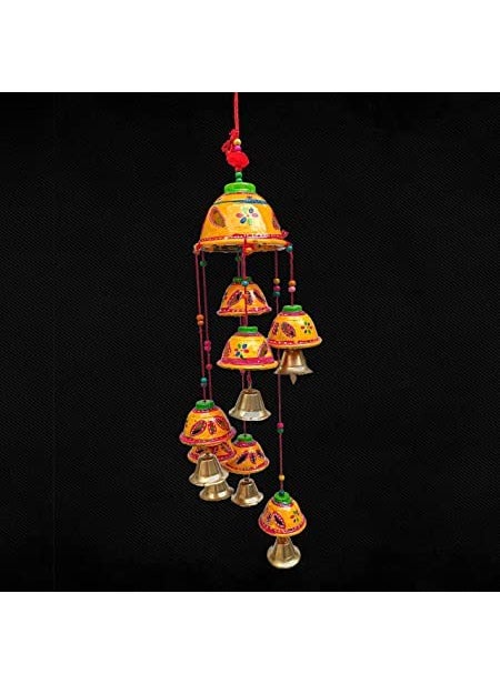 ADITYA IMPEX ADITYA IMPEX Handicraft rajasthane Wooden Colored Bells Desing Decorative showpice Wind Chimes for Home Balcony Garden Positive Energy Home Decor Hanging Long Bells 7 BellsSet of 1 Piece Yellow  - Image 1