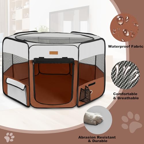 Akinerri Dog Playpen, Portable Pet Play Pen for Cat, Puppies, Rabbits, Chickens, Foldable Large-Capacity Pet Tent for Indoor/Outdoor Travel Camping Brown - Image 3