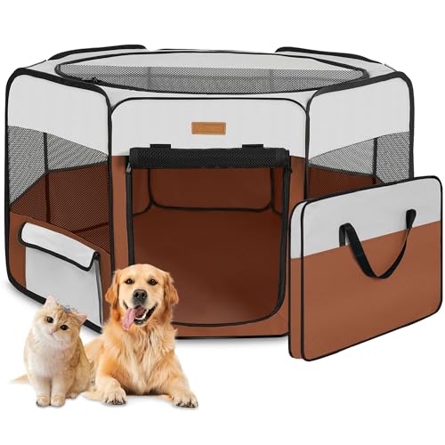 Akinerri Dog Playpen, Portable Pet Play Pen for Cat, Puppies, Rabbits, Chickens, Foldable Large-Capacity Pet Tent for Indoor/Outdoor Travel Camping Brown - Image 1