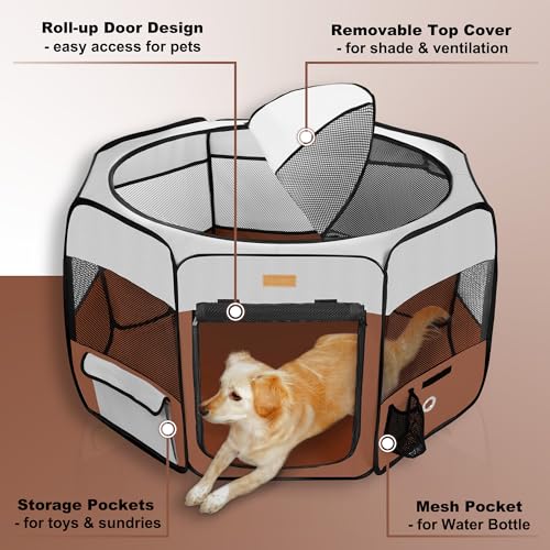 Akinerri Dog Playpen, Portable Pet Play Pen for Cat, Puppies, Rabbits, Chickens, Foldable Large-Capacity Pet Tent for Indoor/Outdoor Travel Camping Brown - Image 2