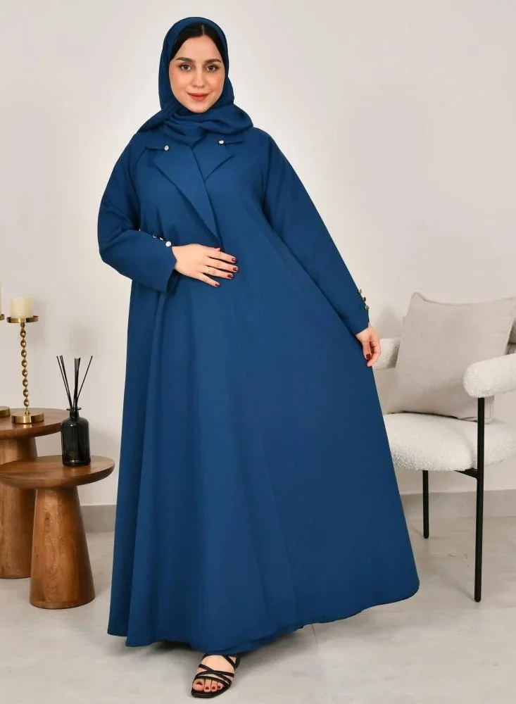 lamha abaya Blue cloche blazer with gold buttons on the sleeves and collar