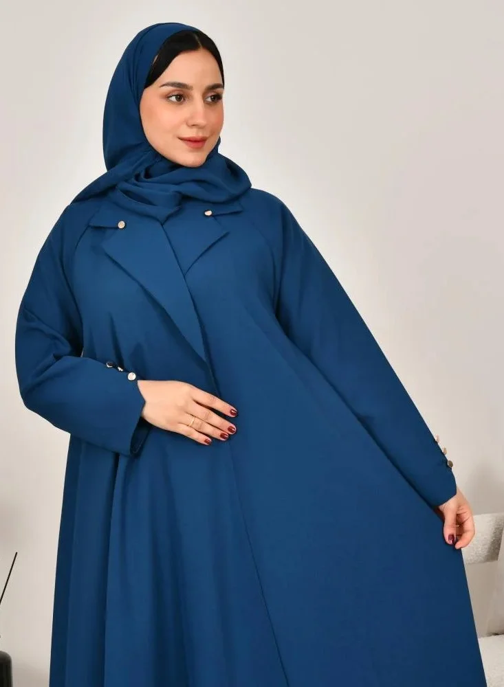 lamha abaya Blue cloche blazer with gold buttons on the sleeves and collar