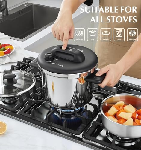 KOCH SYSTEME CS Stainless Steel Pressure Cooker 8.5QT, Olla de Presion, 18/10 Stainless Steel Pressure Cooker, Easy One-Press Lock, Stovetop Pressure Cookers, Induction Ready, Glass Lid & Steamer - Image 4