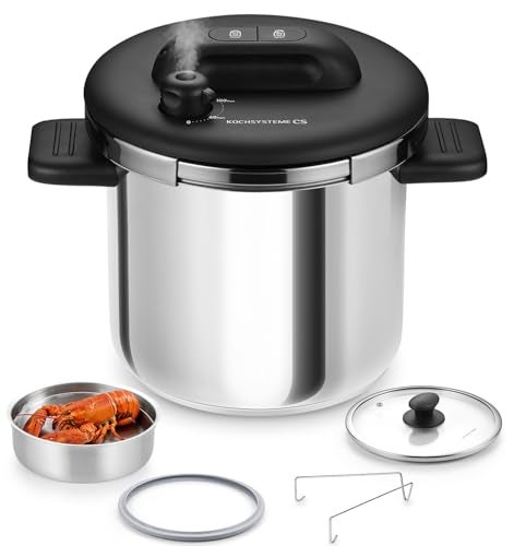 KOCH SYSTEME CS Stainless Steel Pressure Cooker 8.5QT, Olla de Presion, 18/10 Stainless Steel Pressure Cooker, Easy One-Press Lock, Stovetop Pressure Cookers, Induction Ready, Glass Lid & Steamer - Image 1