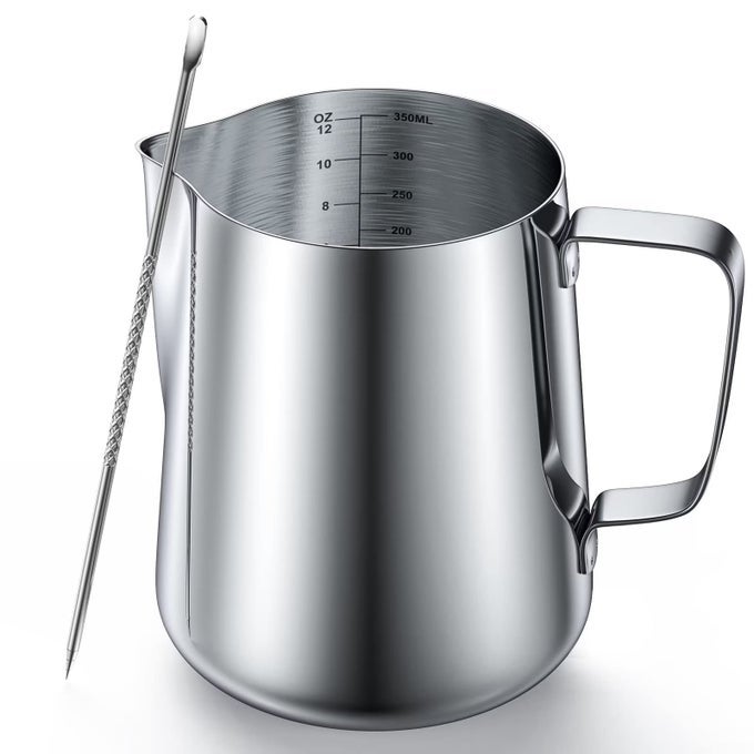 12 OUNCES STAINLESS STEEL MILK FROTHING PITCHER MEASUREMENTS ON BOTH SIDES ESPRESSO MACHINE ACCESSORIES LATTE ART CUP WITH INSULATED HANDLE CREAMER PITCHER FOR SINGLESERVE NODRIP OR SPILLAGE