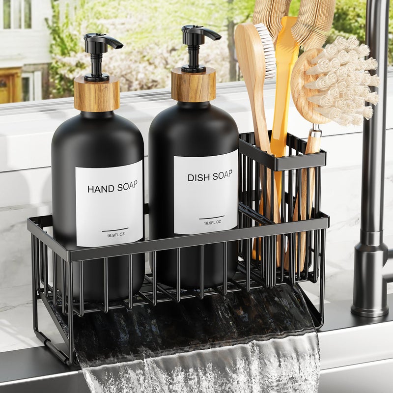 Cisily Kitchen Dish Soap Dispenser Set with 2 Pack 16.9oz Black Glass Bottle and Sponge Holder, Dish Soap Dispensers with Adjustable Sponge Holder, Vintage Hand and Dish Soap Dispensers Set - Image 1