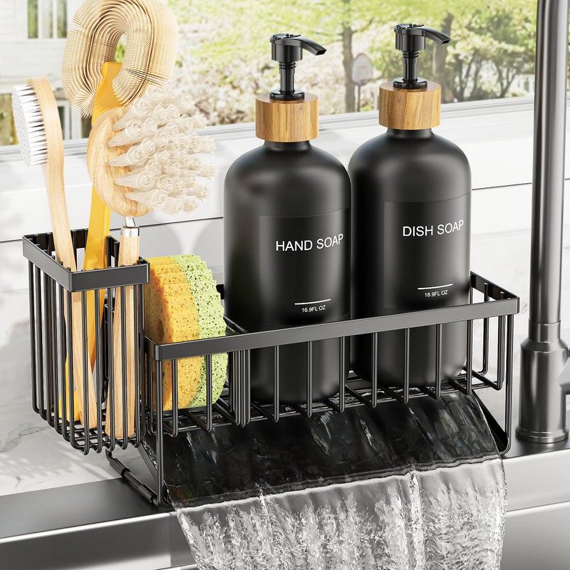 Cisily Kitchen Dish Soap Dispenser Set with 2 Pack 16.9oz Black Glass Bottle and Sponge Holder, Dish Soap Dispensers with Adjustable Sponge Holder, Vintage Hand and Dish Soap Dispensers Set - Image 5