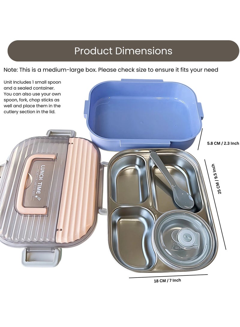 VIO Kids Stainless Steel Lunch Box Leak Proof Reusable Bento Box with 4 Compartments and Sealed Container Stainless Steel Bento Lunch Food Box for Kids or Adults with Lockable Clips Portion Control Food Container Back To School Essentials Kids Lunch Box Travel Food Container 25CM X 18 CM X 5 CM - Image 5