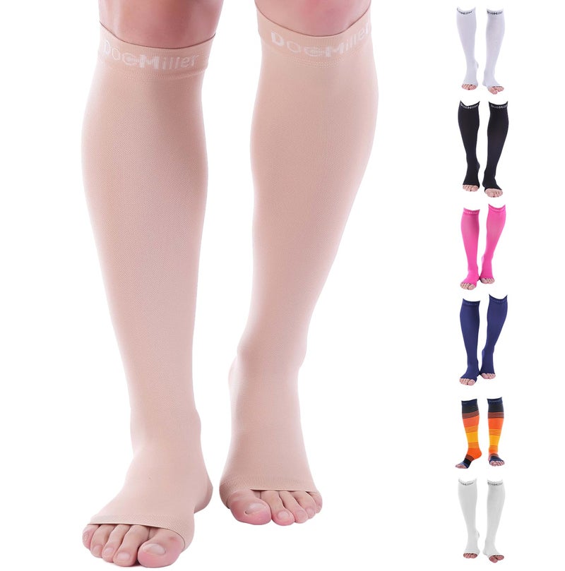 Doc Miller  Open Toe Compression Socks  8-15 Mmhg  Toeless  Support Circulation  Shin Splints  Calf Recovery  Varicose  Knee High  Medical Grade  Skin/Nude Socks  X-Large Size For Men & Women  Pair - Image 1