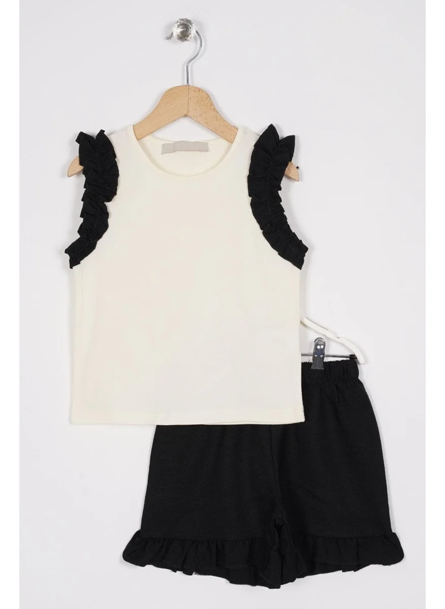 Zepkids Crew Neck Zero Sleeve Frilled Sleeve Edges Short Ecru Black Color Girl's Two Piece Set