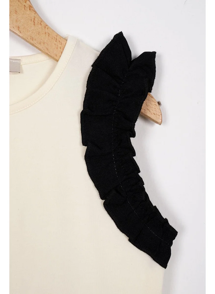 Zepkids Crew Neck Zero Sleeve Frilled Sleeve Edges Short Ecru Black Color Girl's Two Piece Set