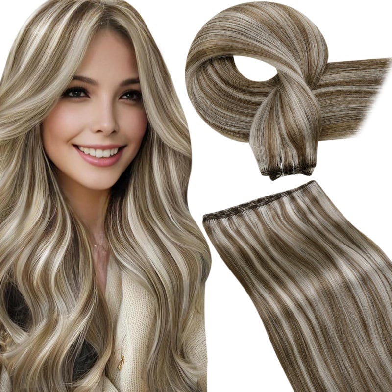 LaaVoo Sew in Hair Extensions Brown Highlight Weft Hair Extensions Human Hair Short Hair Wefts Human Hair Sew in Brown Highlighted Platinum Blonde 14 Inch 80g