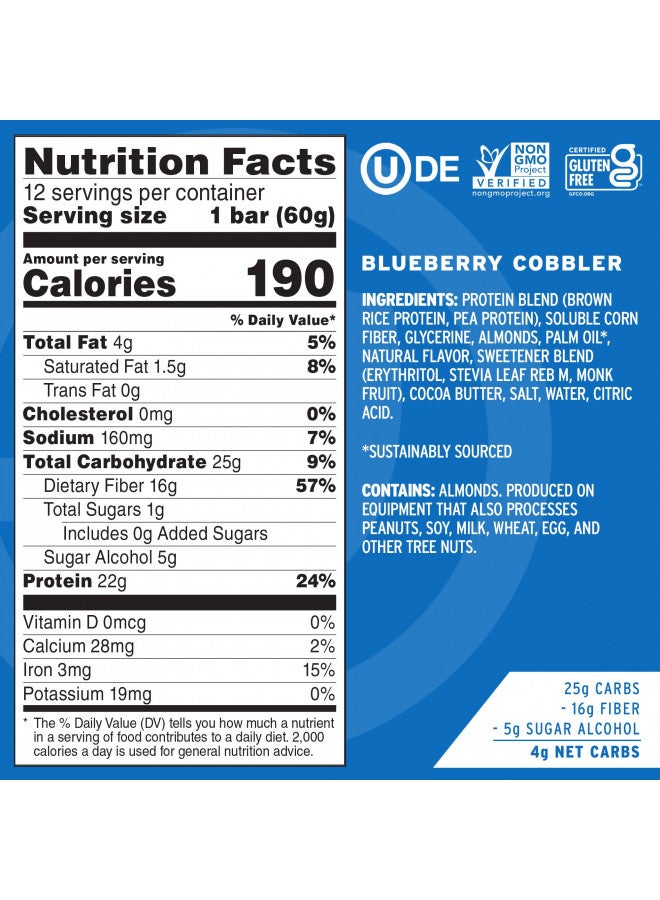 No Cow No Cow Protein bar, Blueberry Cobbler, 22g Plant Based Protein, Keto Friendly, Low Sugar, Dairy Free, Gluten Free, Vegan, High Fiber, Non-GMO, 12 Count - Image 3