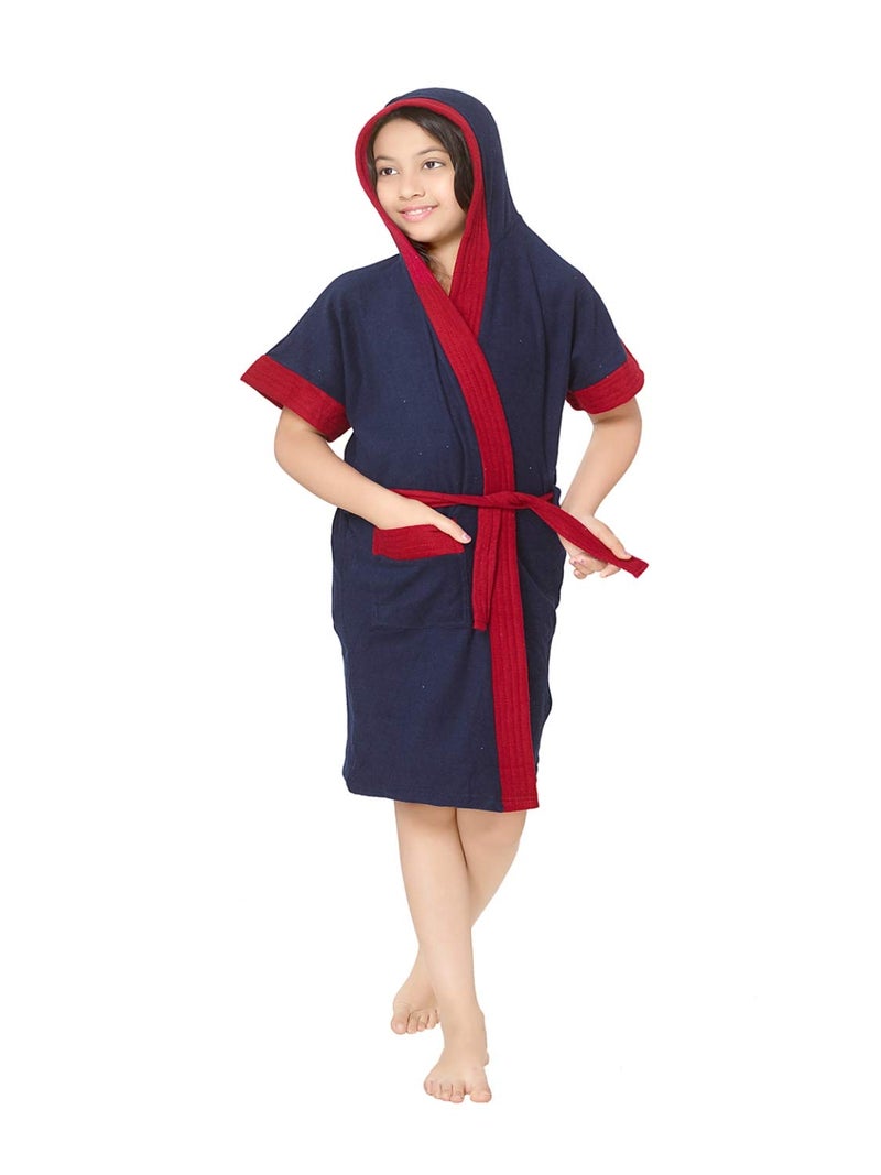 Sand Dune Girls Terry Cotton Half Sleeved Knee Length Pocket with Waist Belt Hood Bathrobe with Red Border Navy Blue 6 to7 Years