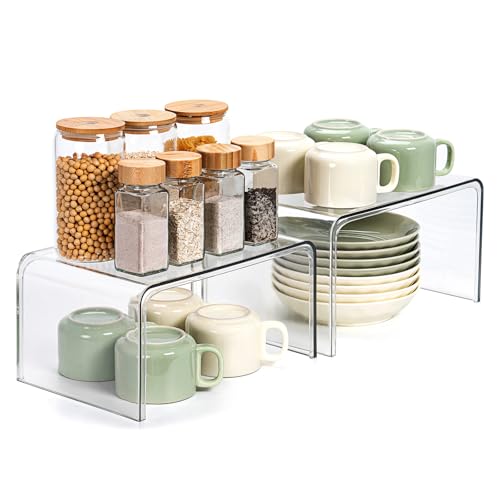 Bobomoment Clear Cabinet Organizer, Shelf Organizer Set of 2 for Kitchen Pantry Organizers and Storage, Display Cabinet Shelf Room Decor Countertop Desk Shelves, Patented Spice Organization for Cabinet - Image 1