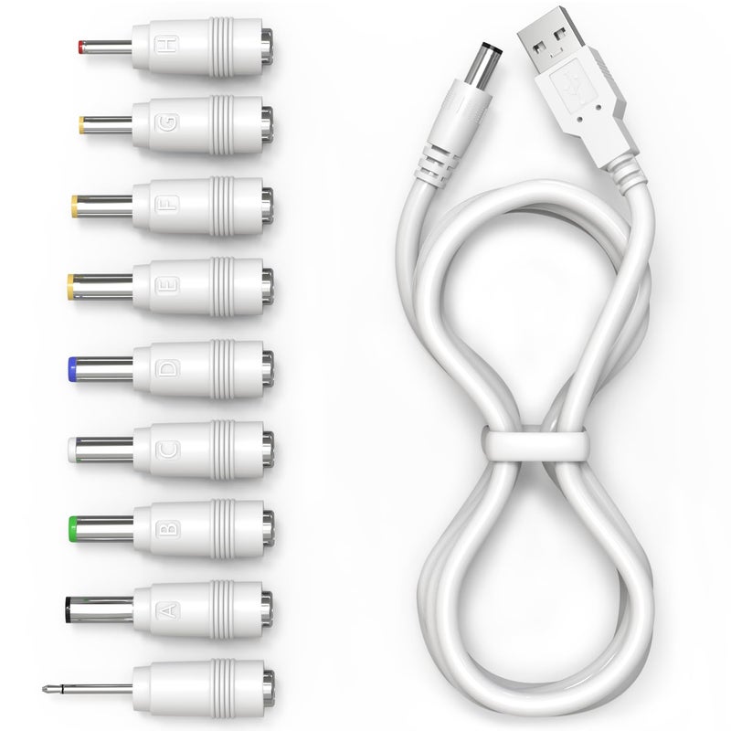 Cordro USB to DC 5V Power Cord, Universal DC Plug Jack Charging Cable with 9 Adapters for Moon Lamp, Massage Wand, Router, LED Light, Mini Fan, Speaker and More Devices (White) - Image 1