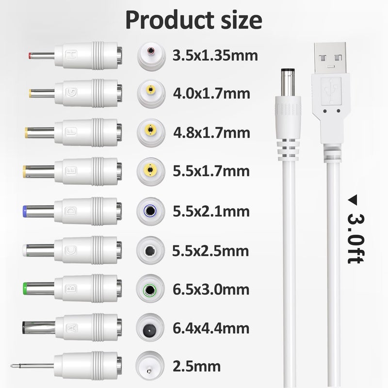 Cordro USB to DC 5V Power Cord, Universal DC Plug Jack Charging Cable with 9 Adapters for Moon Lamp, Massage Wand, Router, LED Light, Mini Fan, Speaker and More Devices (White) - Image 3