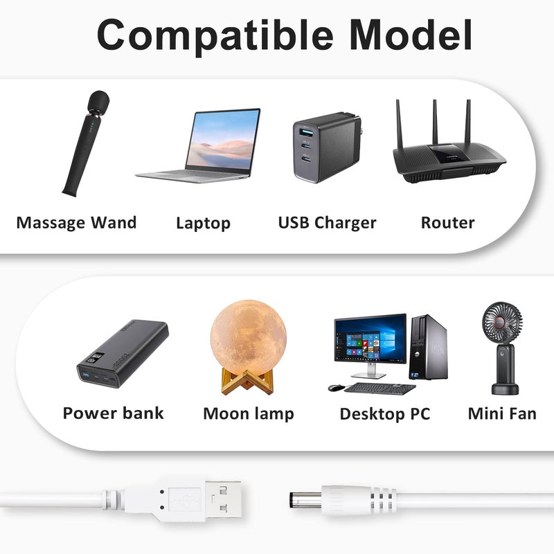 Cordro USB to DC 5V Power Cord, Universal DC Plug Jack Charging Cable with 9 Adapters for Moon Lamp, Massage Wand, Router, LED Light, Mini Fan, Speaker and More Devices (White) - Image 2