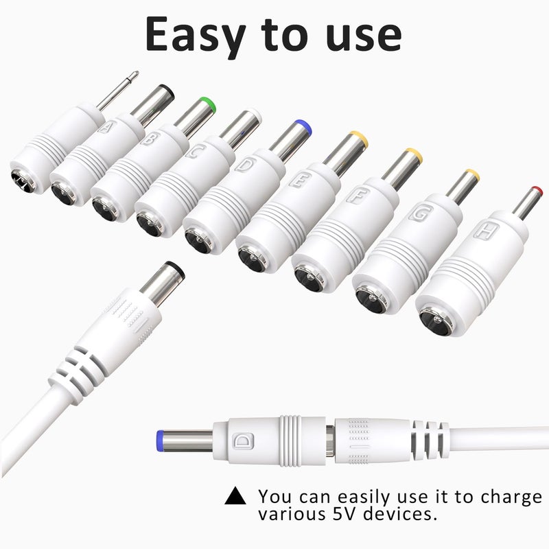 Cordro USB to DC 5V Power Cord, Universal DC Plug Jack Charging Cable with 9 Adapters for Moon Lamp, Massage Wand, Router, LED Light, Mini Fan, Speaker and More Devices (White) - Image 5