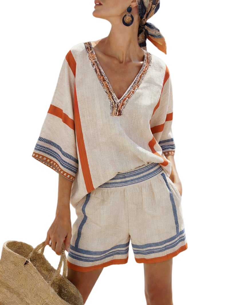 Bohemian Mediterranean Striped Print 2pcs Set, V Neck Mid Sleeve Top with Shorts, Summer Vacation Casual Outfit - Image 1
