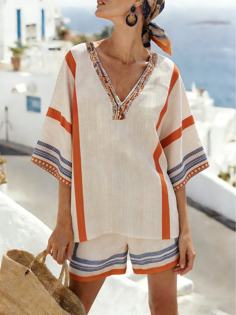 Bohemian Mediterranean Striped Print 2pcs Set, V Neck Mid Sleeve Top with Shorts, Summer Vacation Casual Outfit - Image 3