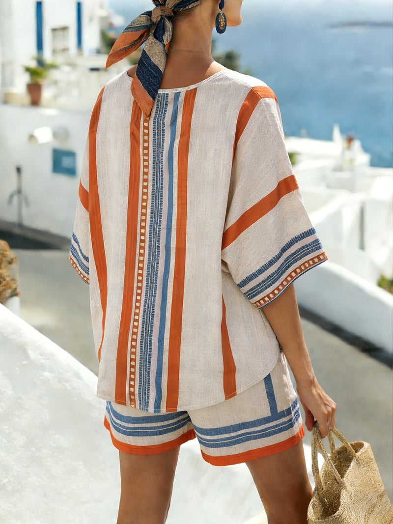 Bohemian Mediterranean Striped Print 2pcs Set, V Neck Mid Sleeve Top with Shorts, Summer Vacation Casual Outfit - Image 4