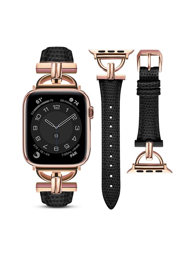 O Ozone Leather Band For Apple Watch Series 10 9 8 7 6 5 4 SE, 38/40/41/42mm Slim Strap with D-Shape Rose Gold Metal Buckle Strap- Black - Image 1