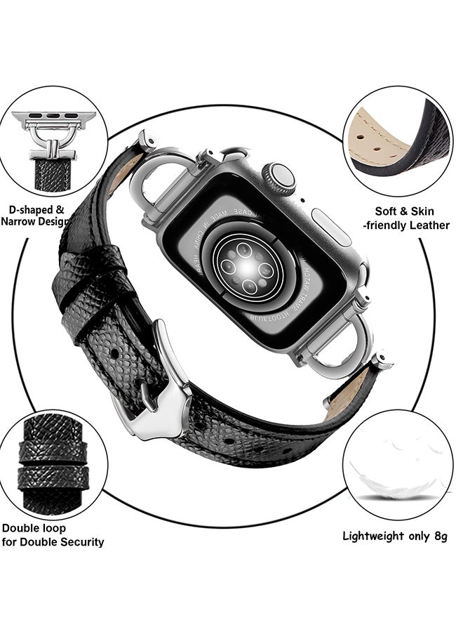O Ozone Leather Band For Apple Watch Series 10 9 8 7 6 5 4 SE, 38/40/41/42mm Slim Strap with D-Shape Rose Gold Metal Buckle Strap- Black - Image 3