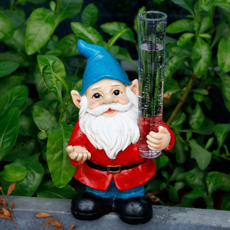 FORUP FORUP Resin Gnome Rain Gauge Christmas Garden Statue with Plastic Rain Gauge Hand Painted Gnome Sculpture Water Gauge 