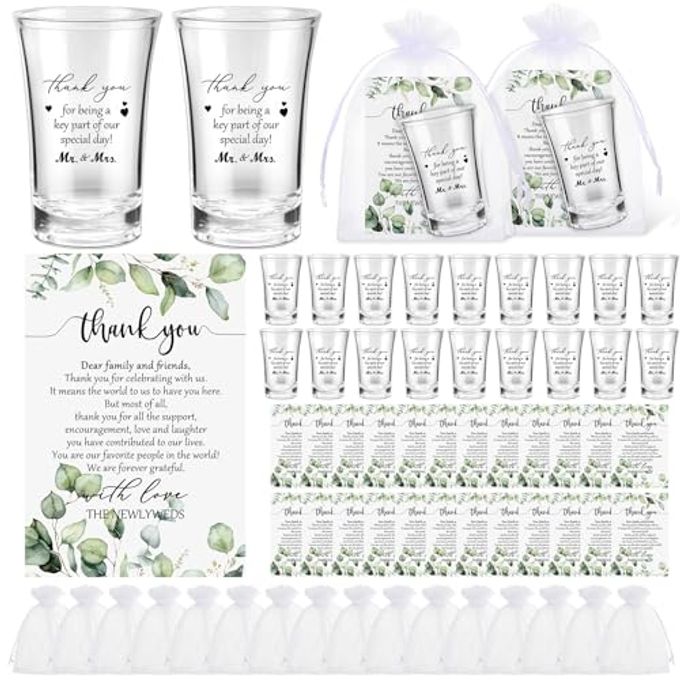 Uiifan 100 Sets Wedding Favors for Guests Wedding Shot Glasses Acrylic Clear Plastic Shot Glasses with Thank You Cards Gift for Guest Newlyweds Bridal Shower Supplies(Thank You)