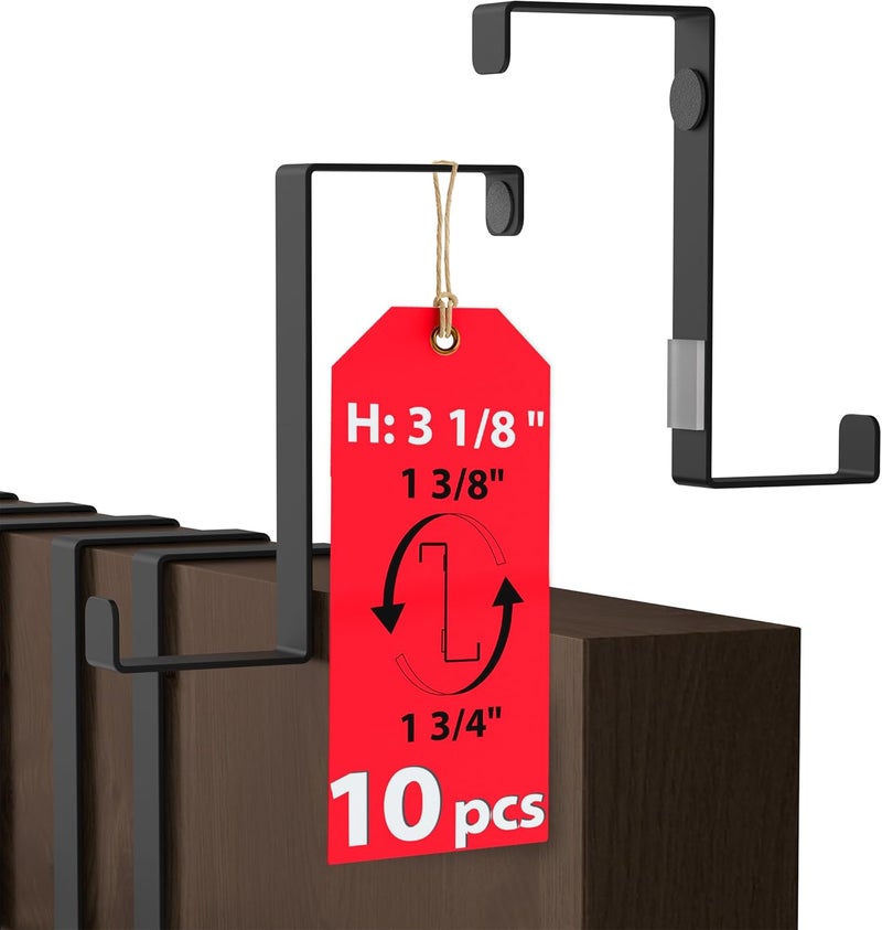 4smile Over The Door Hooks - Set of 10 Black Coat Hanger, Towel Holder with Anti-Scratch Felt Pads - Hooks for Hanging, 2-Sided Fits 1 3/8" & 1 3/4", Wreath Hanger with Removable Sticky Non-Slip Dots - Image 1