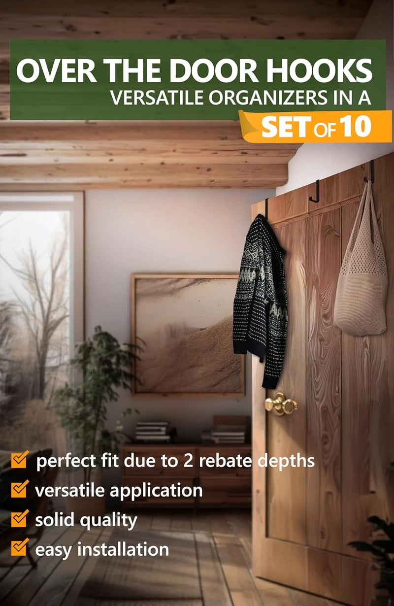 4smile Over The Door Hooks - Set of 10 Black Coat Hanger, Towel Holder with Anti-Scratch Felt Pads - Hooks for Hanging, 2-Sided Fits 1 3/8" & 1 3/4", Wreath Hanger with Removable Sticky Non-Slip Dots - Image 2