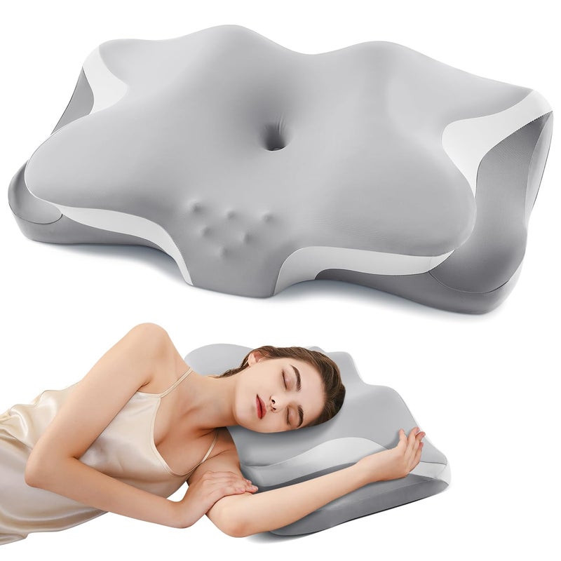 Silkena Cervical Neck Pillow for Pain Relief, Cooling Ergonomic Memory Foam Pillows for Sleeping with Breathable Pillowcase, Contour Deep Sleep Neck Support Pillow for Side Back Stomach Sleepers-Light Grey - Image 1