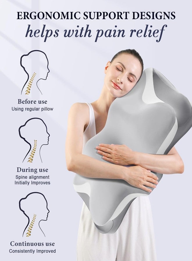 Silkena Cervical Neck Pillow for Pain Relief, Cooling Ergonomic Memory Foam Pillows for Sleeping with Breathable Pillowcase, Contour Deep Sleep Neck Support Pillow for Side Back Stomach Sleepers-Light Grey - Image 4