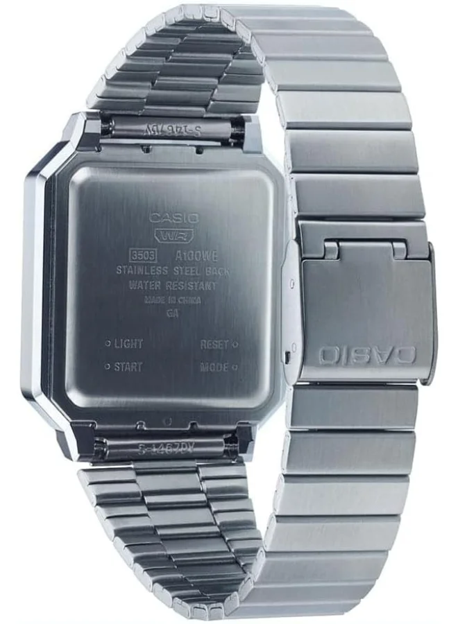 CASIO Unisex Digital Display Watch With Silver Stainless Steel Strap - A100WE-7BDF