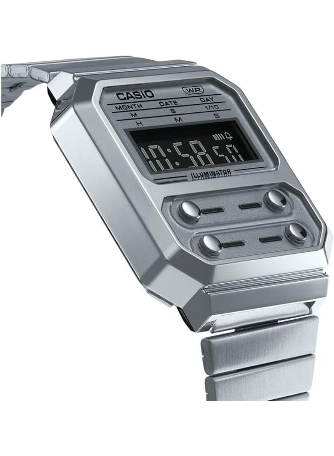 CASIO Unisex Digital Display Watch With Silver Stainless Steel Strap - A100WE-7BDF - Image 2