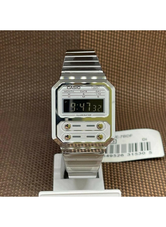 CASIO Unisex Digital Display Watch With Silver Stainless Steel Strap - A100WE-7BDF - Image 3