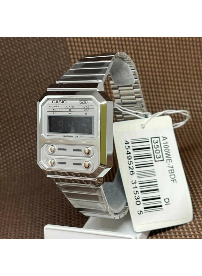 CASIO Unisex Digital Display Watch With Silver Stainless Steel Strap - A100WE-7BDF - Image 4