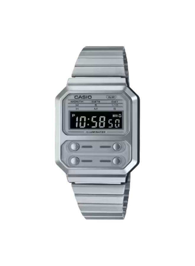 CASIO Unisex Digital Display Watch With Silver Stainless Steel Strap - A100WE-7BDF - Image 1