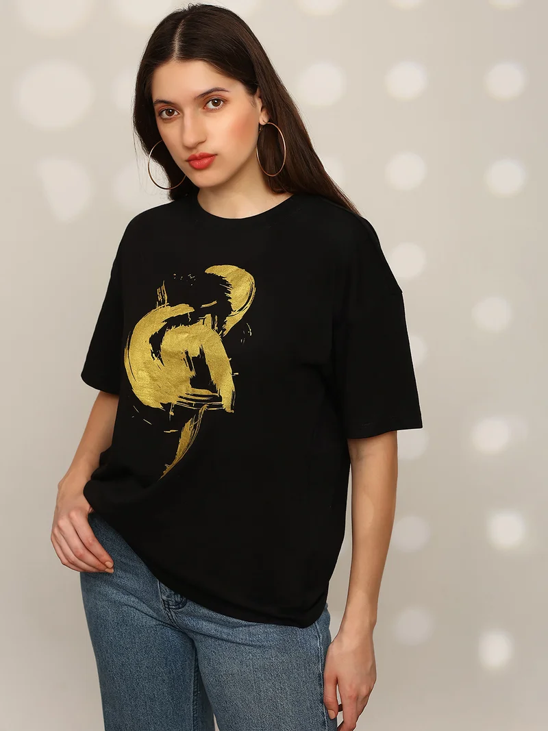 globus Globus Women Black Graphic Print Round Neck Drop Shoulder Sleeves Oversized T-Shirt