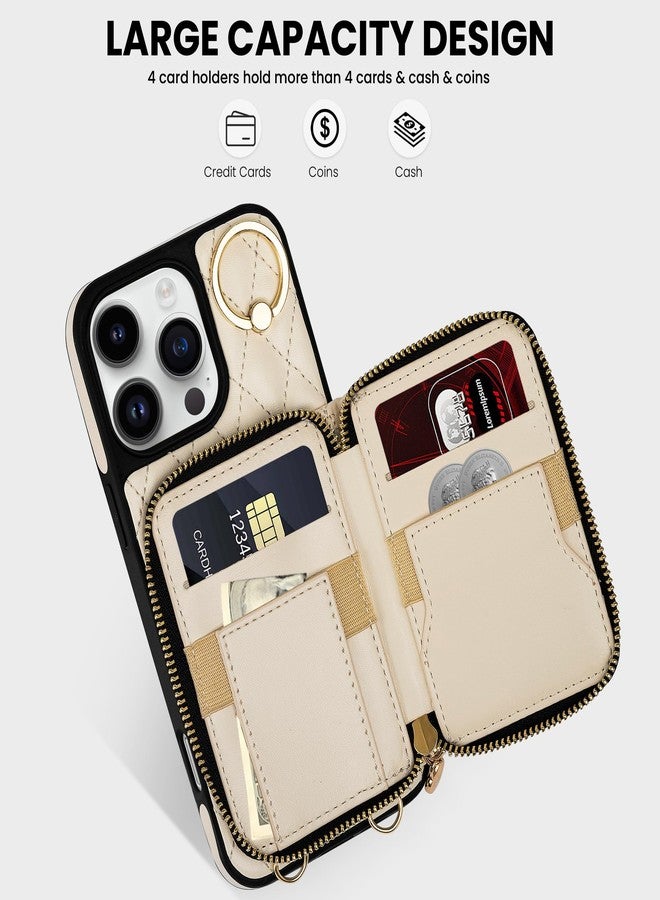 Keallce for iPhone 16 Pro Max 6.9'' Wallet Case, Crossbody Zipper Purse with Wristlet for Women, RFID Blocking Card Holders, 360° Ring Kickstand Flip Leather Case for iPhone 16 Pro Max, Beige - Image 2