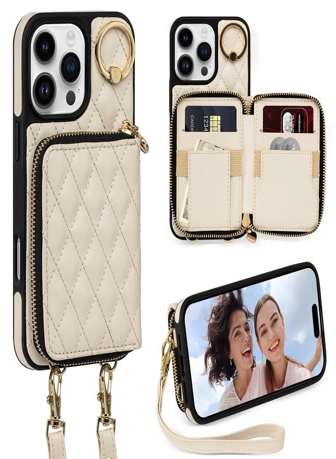 Keallce for iPhone 16 Pro Max 6.9'' Wallet Case, Crossbody Zipper Purse with Wristlet for Women, RFID Blocking Card Holders, 360° Ring Kickstand Flip Leather Case for iPhone 16 Pro Max, Beige - Image 1