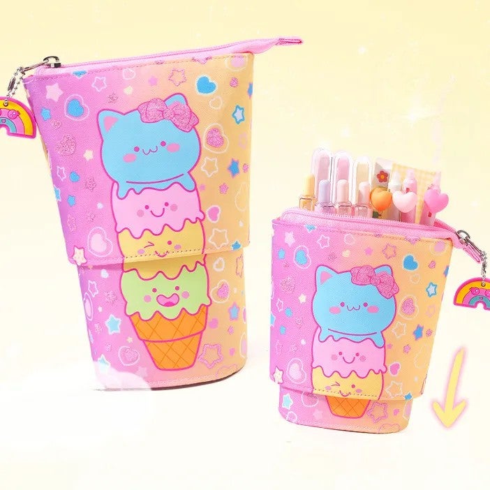 Girls Stand-Up Pencil Case Cat Design with Pen Holder 6-12 Years, Large Capacity Waterproof Lightweight Stationery  Gift - Image 1