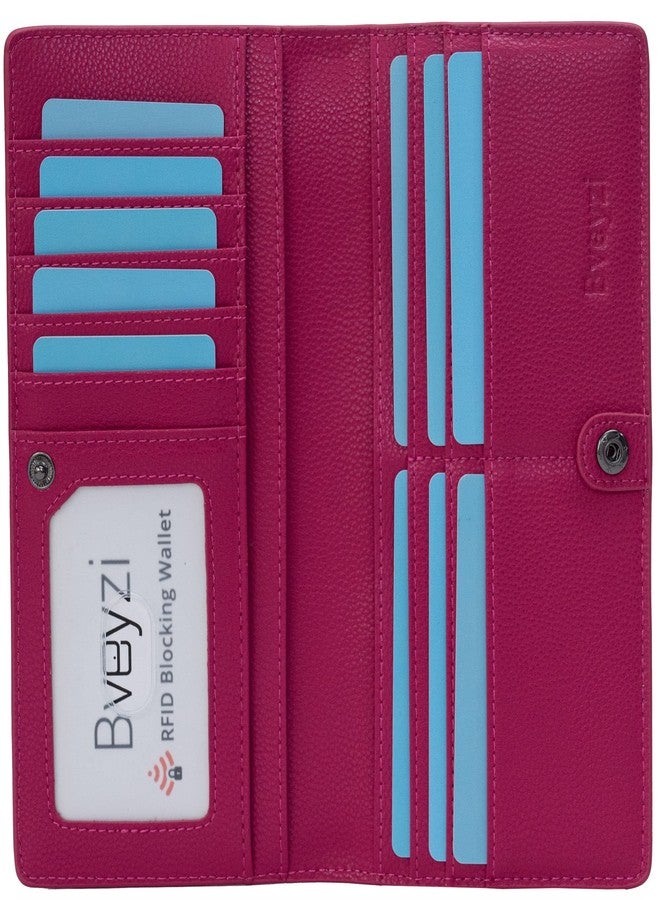 Bveyzi Ultra Slim Thin Leather RFID Blocking Credit Card Holder Bifold Clutch Wallets for Women (Hot Pink) - Image 1