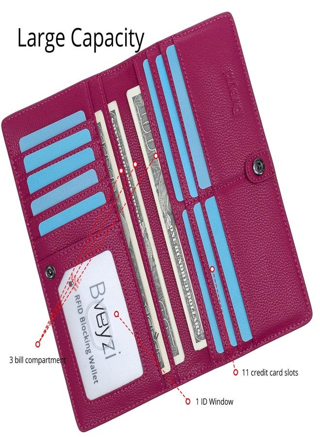 Bveyzi Ultra Slim Thin Leather RFID Blocking Credit Card Holder Bifold Clutch Wallets for Women (Hot Pink) - Image 3